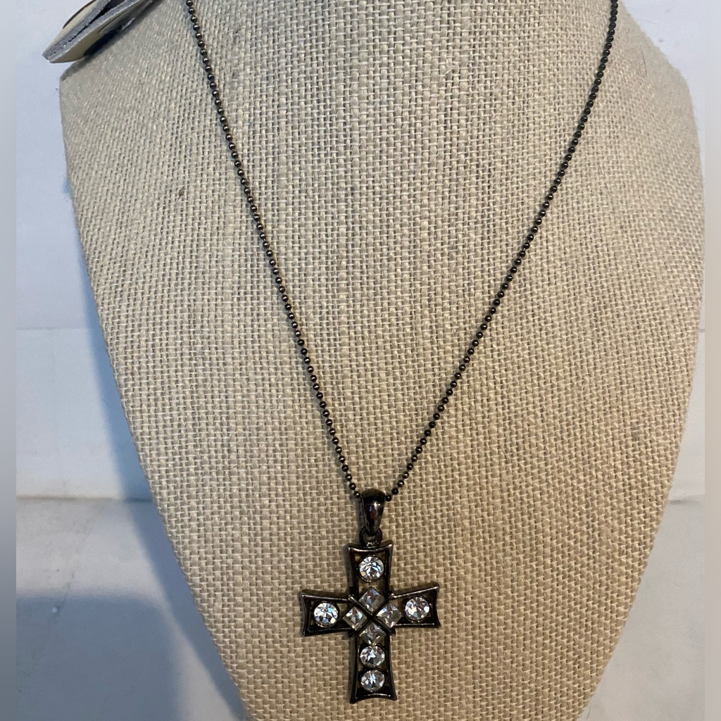 Anthropologie Gunmetal Metal Grey Crystal Stones Cross Necklace
